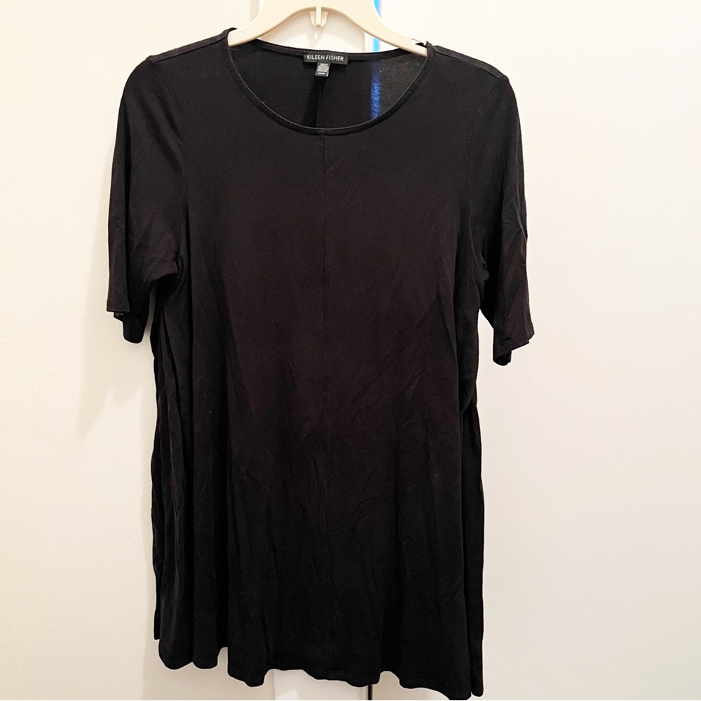 Eileen Fisher Solid Black Tunic Top Medium‎ Short Sleeve Tencel Lyocell Spandex